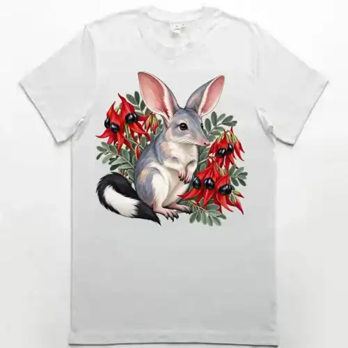 White premium men’s T-shirt with the Bilby Among Sturt Desert Peas print on the front, a grey bilby among red desert peas