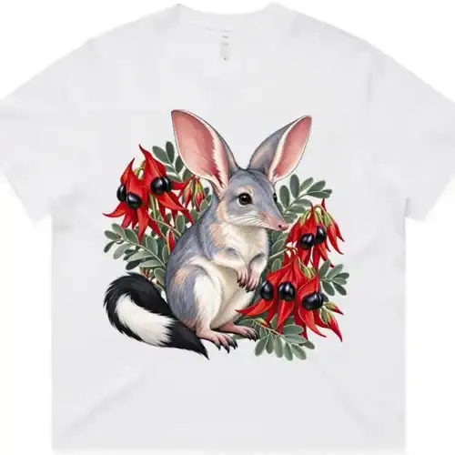 White women’s boxy T-shirt with the Bilby Among Sturt Desert Peas print on the front