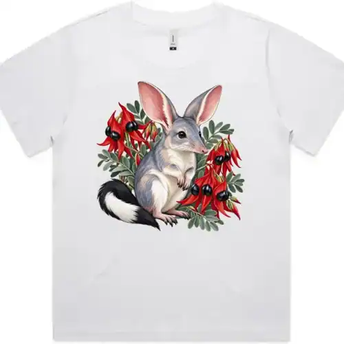 White AS Colour Martina women’s T-shirt with a grey bilby and red Sturt desert peas printed on the front
