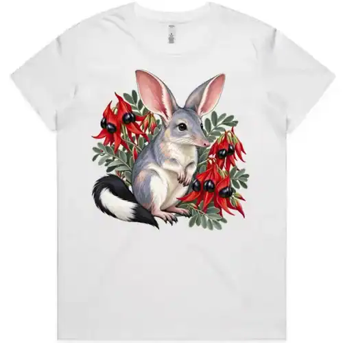 White women’s T-shirt printed on the front with the Bilby Among Sturt Desert Peas design, a grey bilby among red flowers