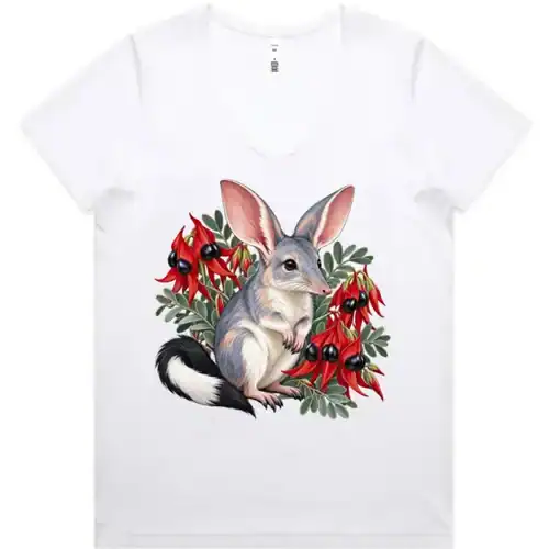 White women’s V-neck T-shirt with the Bilby Among Sturt Desert Peas print on the front