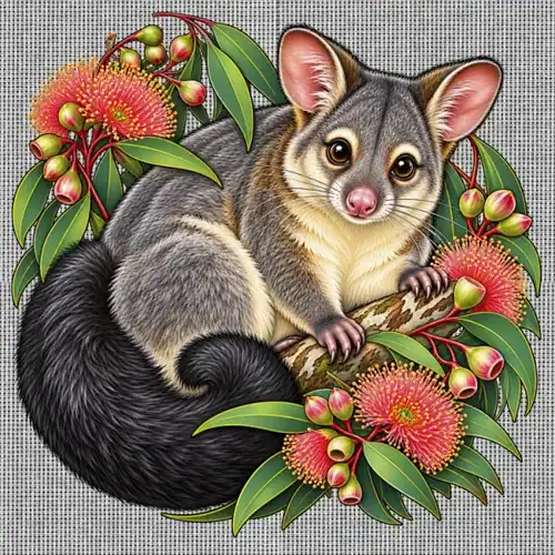 White Penelope cross stitch canvas printed in full colour with the Brushtail Possum Among Eucalyptus Blooms design