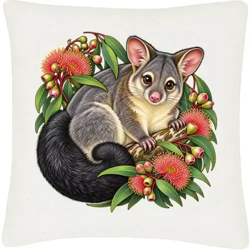 Off-white linen cushion cover printed with a brushtail possum and pink eucalyptus blossoms