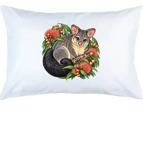 White pillow case printed with a brushtail possum among pink eucalyptus blossoms