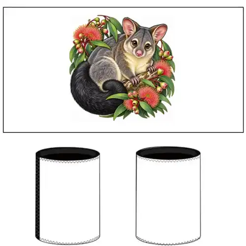White neoprene stubby holder printed with the Brushtail Possum Among Eucalyptus Blooms design