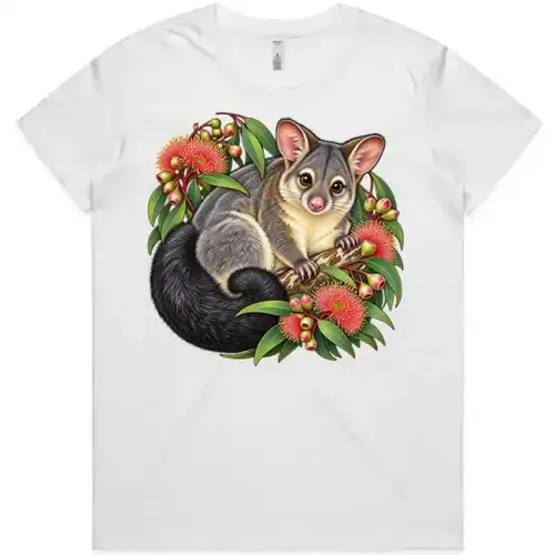 Brushtail Possum Among Eucalyptus Blooms printed on a white Women’s T-Shirt, design by Australia Art Prints