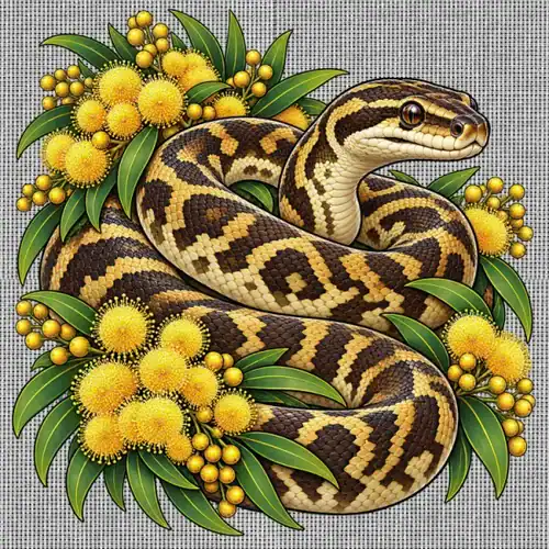 Carpet Python Among Golden Wattle printed on a white Cross Stitch Canvas, design by Australia Art Prints