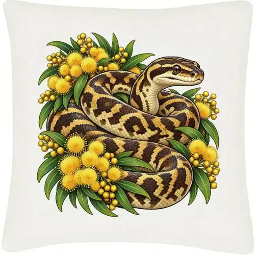 Carpet Python Among Golden Wattle printed on an off white Cushion Cover, design by Australia Art Prints