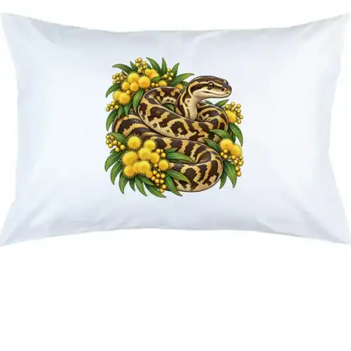 Carpet Python Among Golden Wattle printed on a white Pillow Case, design by Australia Art Prints
