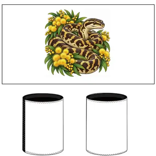 Carpet Python Among Golden Wattle printed on a white Stubby Holder, design by Australia Art Prints