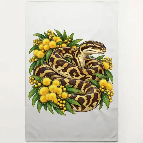 Carpet Python Among Golden Wattle printed on a natural Tea Towel, design by Australia Art Prints