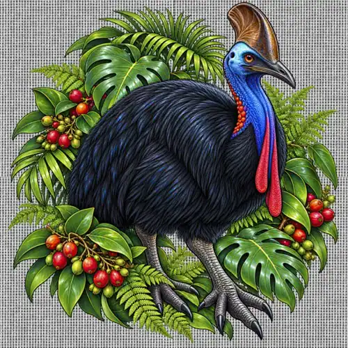 Cassowary Among Rainforest Foliage printed on a white Cross Stitch Canvas, design by Australia Art Prints