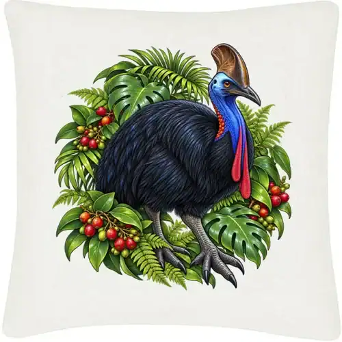 Cassowary Among Rainforest Foliage printed on an off white Cushion Cover, design by Australia Art Prints