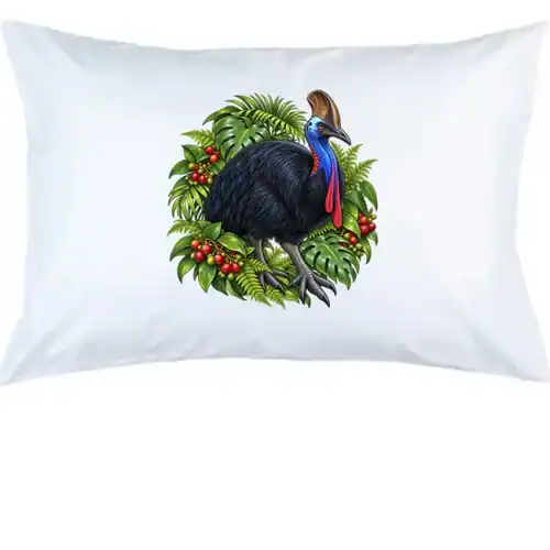 Cassowary Among Rainforest Foliage printed on a white Pillow Case, design by Australia Art Prints