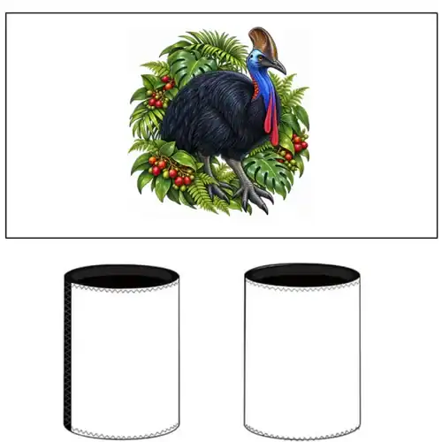 Cassowary Among Rainforest Foliage printed on a white Stubby Holder, design by Australia Art Prints