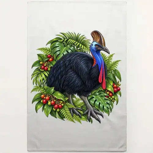 Cassowary Among Rainforest Foliage printed on a natural Tea Towel, design by Australia Art Prints