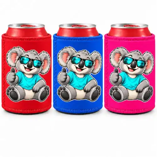 Red, royal blue and hot pink stubby holders featuring a smiling koala wearing sunglasses and giving a thumbs-up.