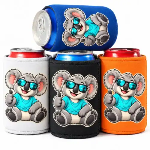 Four stubby holders in white, black, orange and royal blue featuring a smiling koala wearing sunglasses and giving a thumbs-up.