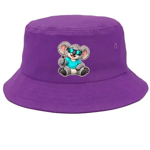 Cool Koala Thumbs-Up printed on a purple Bucket Hat, design by Australia Art Prints