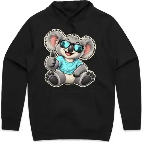 Cool Koala Thumbs-Up printed on a black Hoodie, design by Australia Art Prints