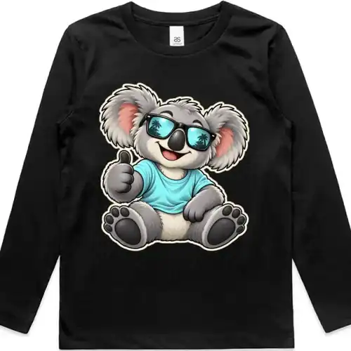 Cool Koala Thumbs-Up printed on a black Kids Long Sleeve T-Shirt, design by Australia Art Prints
