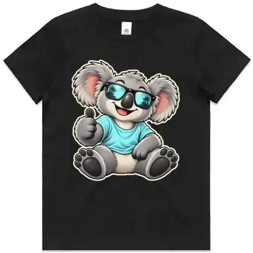 Cool Koala Thumbs-Up printed on a black Kids T-Shirt, design by Australia Art Prints