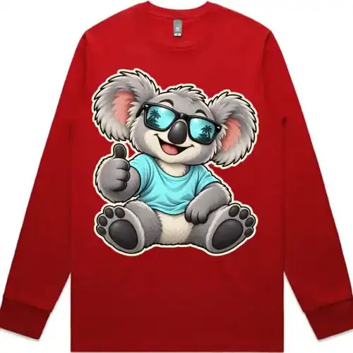 Cool Koala Thumbs-Up printed on a red Long Sleeve T-Shirt, design by Australia Art Prints