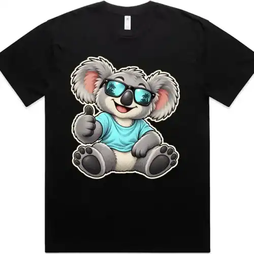 Cool Koala Thumbs-Up printed on a black Oversized T-Shirt, design by Australia Art Prints