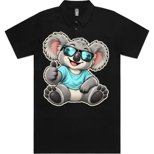 Cool Koala Thumbs-Up printed on a black Polo Shirt, design by Australia Art Prints
