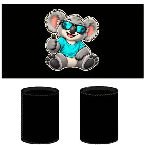 Cool Koala Thumbs-Up printed on a black Stubby Holder, design by Australia Art Prints