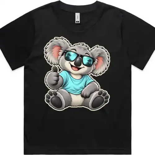 Cool Koala Thumbs-Up printed on a black Women’s Fitted T-Shirt, design by Australia Art Prints