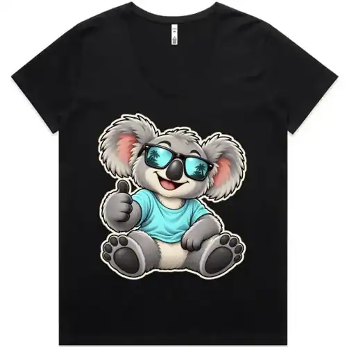 Cool Koala Thumbs-Up printed on a black Women’s V-Neck T-Shirt, design by Australia Art Prints