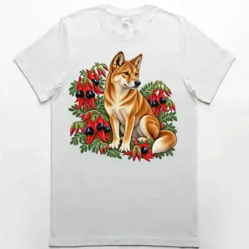 Dingo Among Sturt's Desert Peas printed on a white Premium Men’s T-Shirt, design by Australia Art Prints