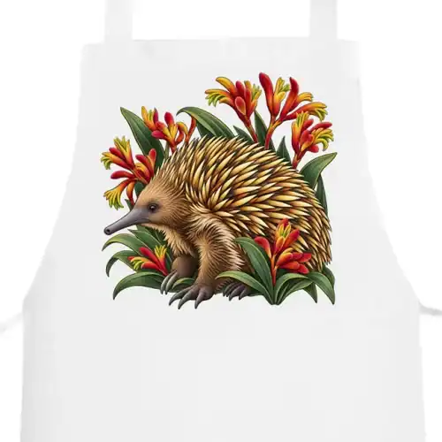 Echidna Among Kangaroo Paws printed on a white Apron, design by Australia Art Prints