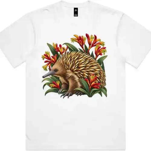 Echidna Among Kangaroo Paws printed on a white Boxy T-Shirt, design by Australia Art Prints