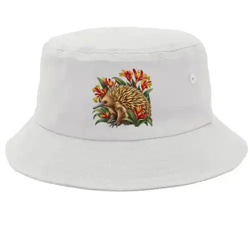 White bucket hat with a small Echidna Among Kangaroo Paws print on the front