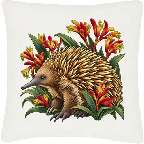 Echidna Among Kangaroo Paws printed on an off white Cushion Cover, design by Australia Art Prints