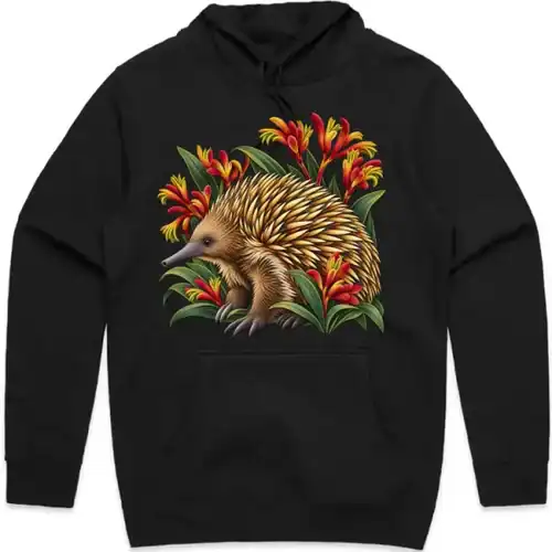 Echidna Among Kangaroo Paws printed on a black Hoodie, design by Australia Art Prints
