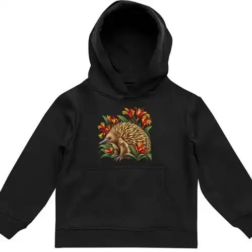 Black kids hoodie with a small Echidna Among Kangaroo Paws print on the chest