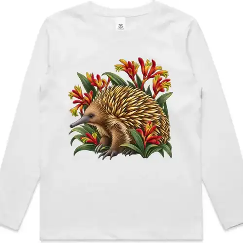 White kids long sleeve T-shirt printed on the front with a brown echidna among red and yellow kangaroo paws