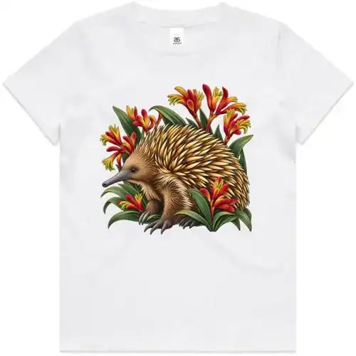 White kids T-shirt with the Echidna Among Kangaroo Paws print on the front