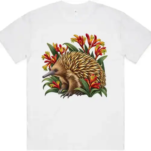 Echidna Among Kangaroo Paws printed on a white Oversized T-Shirt, design by Australia Art Prints
