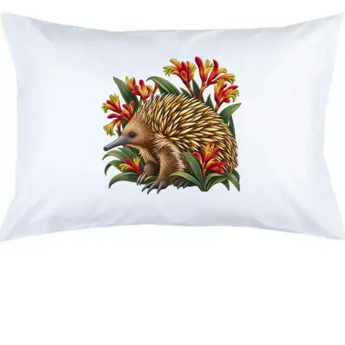 Echidna Among Kangaroo Paws printed on a white Pillow Case, design by Australia Art Prints