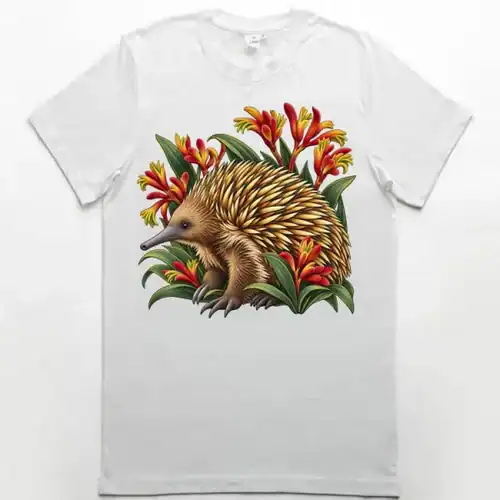White premium men’s T-shirt with the Echidna Among Kangaroo Paws print on the front