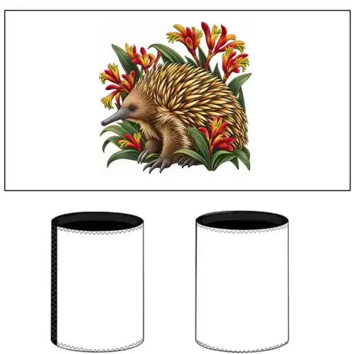 Echidna Among Kangaroo Paws printed on a white Stubby Holder, design by Australia Art Prints