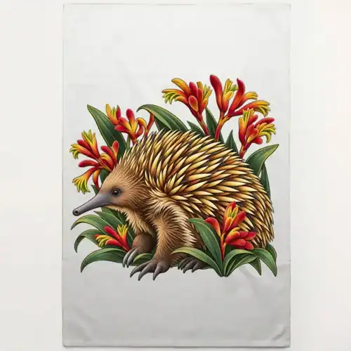 Echidna Among Kangaroo Paws printed on a natural Tea Towel, design by Australia Art Prints