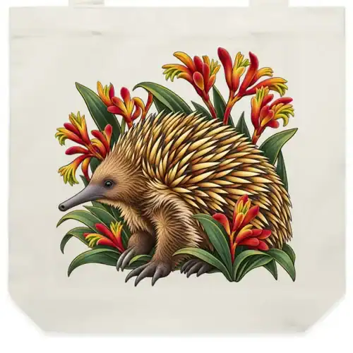 Echidna Among Kangaroo Paws printed on a natural Tote Bag, design by Australia Art Prints