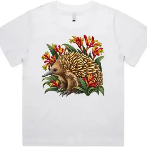 Echidna Among Kangaroo Paws printed on a white Women’s Fitted T-Shirt, design by Australia Art Prints