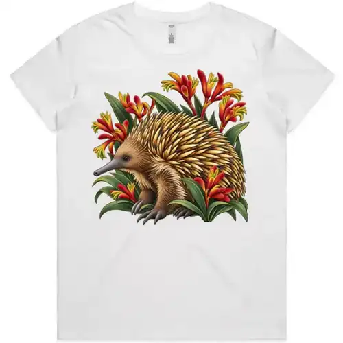 Echidna Among Kangaroo Paws printed on a white Women’s T-Shirt, design by Australia Art Prints