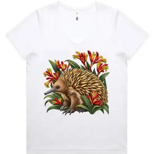White women’s V-neck T-shirt with the Echidna Among Kangaroo Paws print on the front